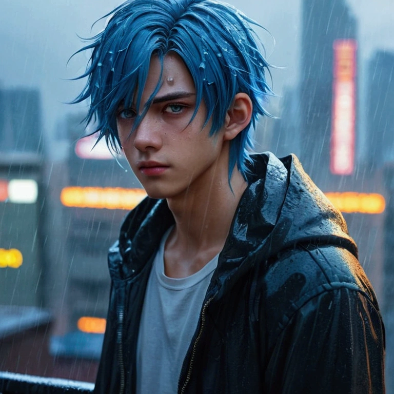 Anime boy in the rain, 1male people, Wide blue hair, blue eyes,4k anime wallpapers, There are no boys after the rain, Anime Boy Profile, manga wallpaper 4k, Anime wallpaper 4K, 4k anime wallpapers, Artwork in the style of Guweiz, Badass anime 8K, Anime art wallpaper 4k, Anime art wallpaper 4k, rainy evening, Anime art wallpaper 8k, Very detailed background on city rooftops, platforms, with city view, Detal Face, Detailed complex occupancy background, disorderly, splendid, milkyW, highly detailedskin, Realistic details of skin, pores visible, Clear focus, volume fog, 8K UHD, Digital SLR, high high quality, filmgrain, with fair skin, Foto realism, DL, futuristic dystopian megalopolis, Translucent