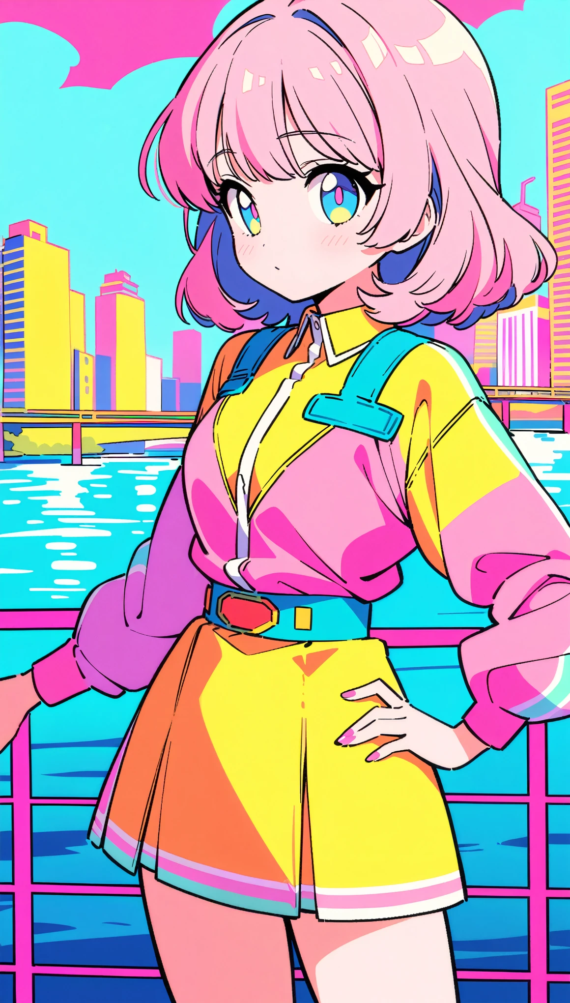 masterpiece, Highest quality, Beautiful attention to detail, Very detailed, In detail, High resolution, Perfect Anatomy, colorful, pastel colour, One Girl, alone, (City pop illustrations), (City Pop Art), Simple Background, Retro Style, (Vaporwave City Pop), (1980s City Pop), (City Pop Anime), (river, bridge), Retro Style, 1980s Fashion, Cowboy Shot,