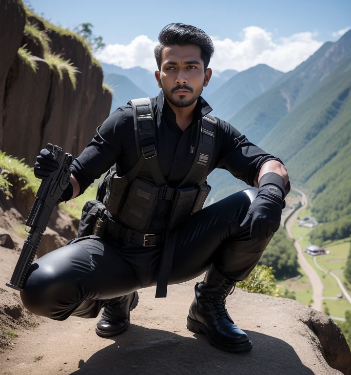 30 years old,One Man,Sri Lankan militants,Cliff in the mountains、Squat with your legs wide apart、Hold a gun,logic,Gay ,Short Hair、Stubble,Handsome、Fighting spirit、The crotch area is bulging。Shocker Belt、Black boots、Black gloves