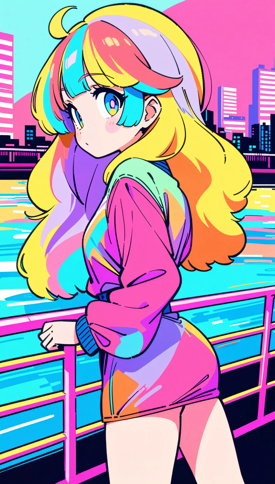 masterpiece, Highest quality, Beautiful attention to detail, Very detailed, In detail, High resolution, Perfect Anatomy, colorful, pastel colour, One Girl, alone, (City pop illustrations), (City Pop Art), Simple Background, Retro Style, (Vaporwave City Pop), (1980s City Pop), (City Pop Anime), (river, bridge), Retro Style, 1980s Fashion, Cowboy Shot,