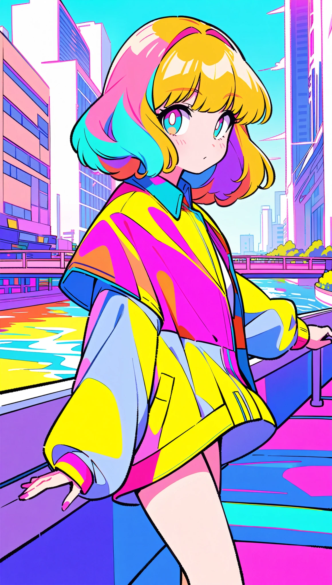 masterpiece, Highest quality, Beautiful attention to detail, Very detailed, In detail, High resolution, Perfect Anatomy, colorful, pastel colour, One Girl, alone, (City pop illustrations), (City Pop Art), Simple Background, Retro Style, (Vaporwave City Pop), (1980s City Pop), (City Pop Anime), (river, bridge), Retro Style, 1980s Fashion, Cowboy Shot,