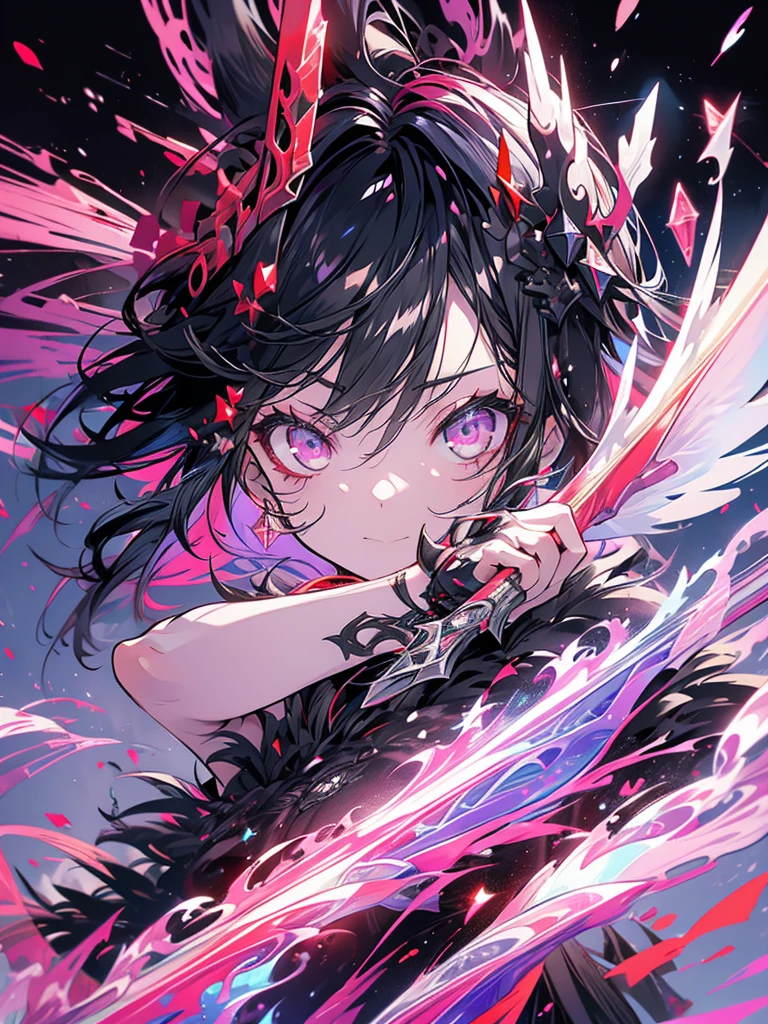 Black hair, Fallen angel, Red eyes, Bow, Cute, Flying, Purple aura, Wings, Whole body, Darkness, Strong-looking, Naked, Red light, Night sky