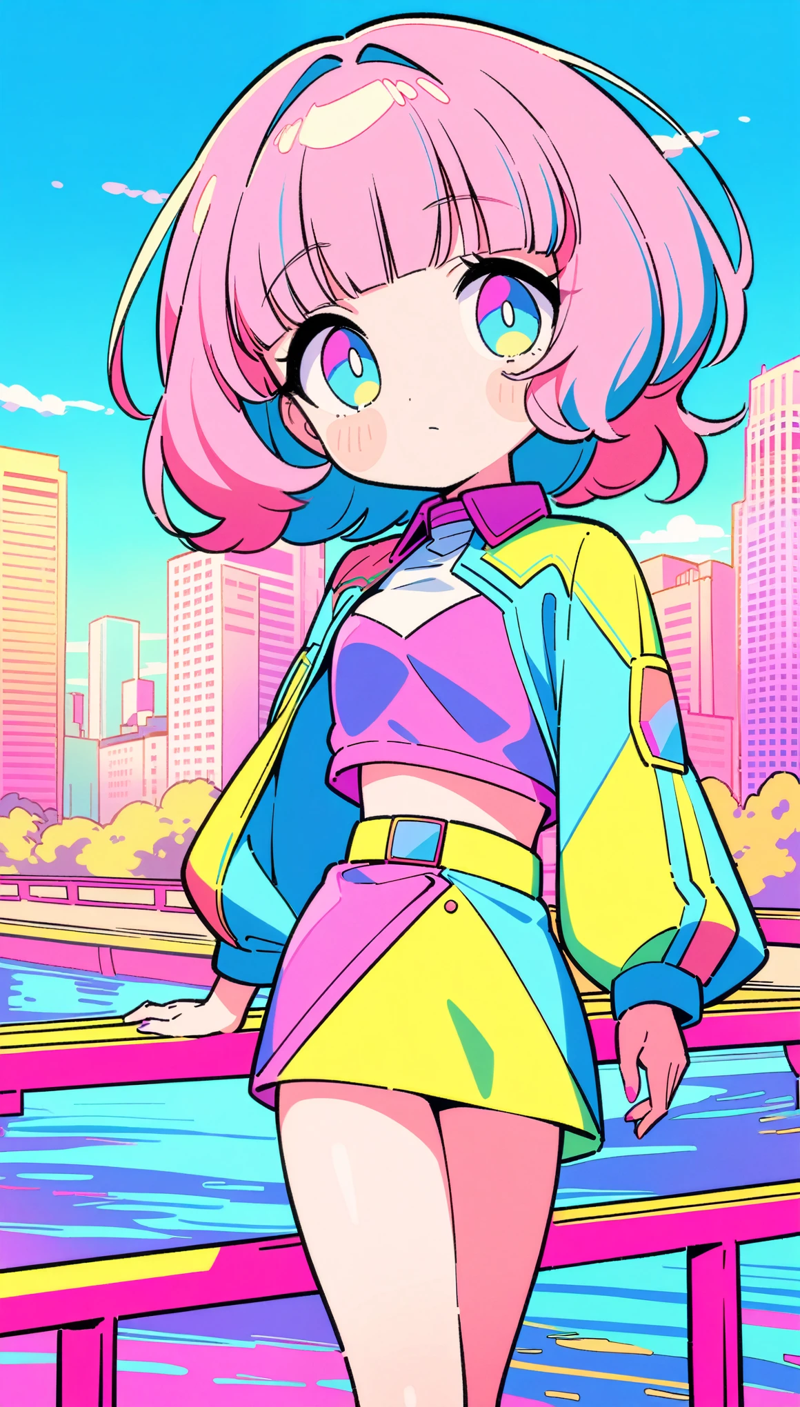 masterpiece, Highest quality, Beautiful attention to detail, Very detailed, In detail, High resolution, Perfect Anatomy, colorful, pastel colour, One Girl, alone, (City pop illustrations), (City Pop Art), Simple Background, Retro Style, (Vaporwave City Pop), (1980s City Pop), (City Pop Anime), (river, bridge), Retro Style, 1980s Fashion, Cowboy Shot,