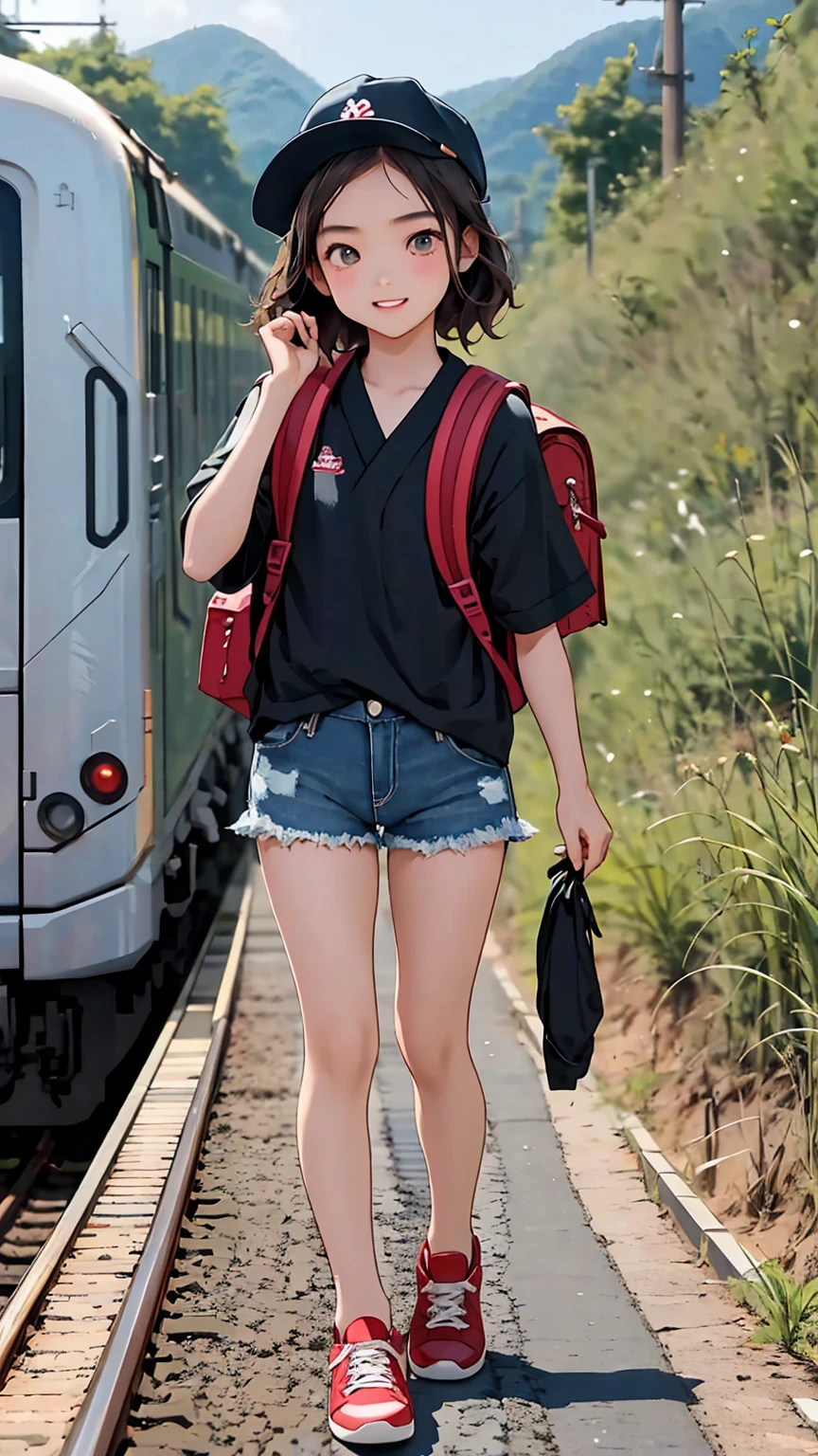 railway、Walk across the tracks、Red sneakers、Denim shorts、cap、 walking on train tracks With a backpack、 and a backpack, Wearing dirty travel clothes, young Asian Girl, As a real girl、 Asian Girl, Young Japanese girl, Chinese Girl, With a backpack, Anime Thai Girl, A girl waiting for a train, Chiho, Traveling in the Japanese countryside, Young Japanese Girl、