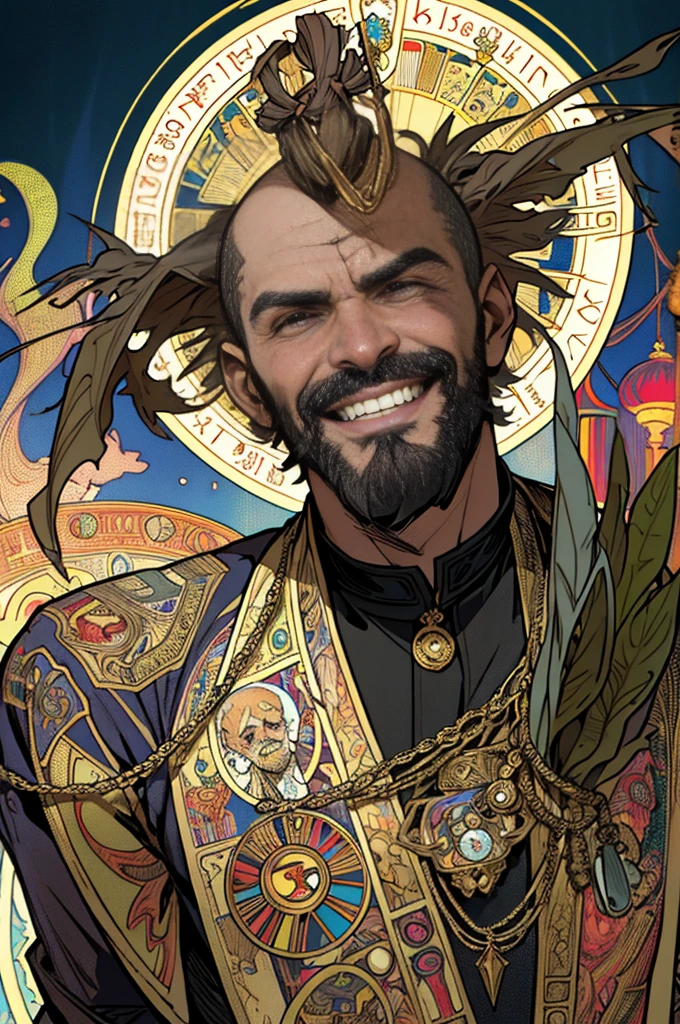 Masterpiece, Superior Quality, a mid age man,bald head chunky scruffy beard, crazy smiling, mischievous, carnival lighting, Tarot, Symbolism, Visual Arts, Occult, Universal, Vision Casting, Philosophy, Iconography, Numerology, Popularity, Arts, Alphonse Mucha