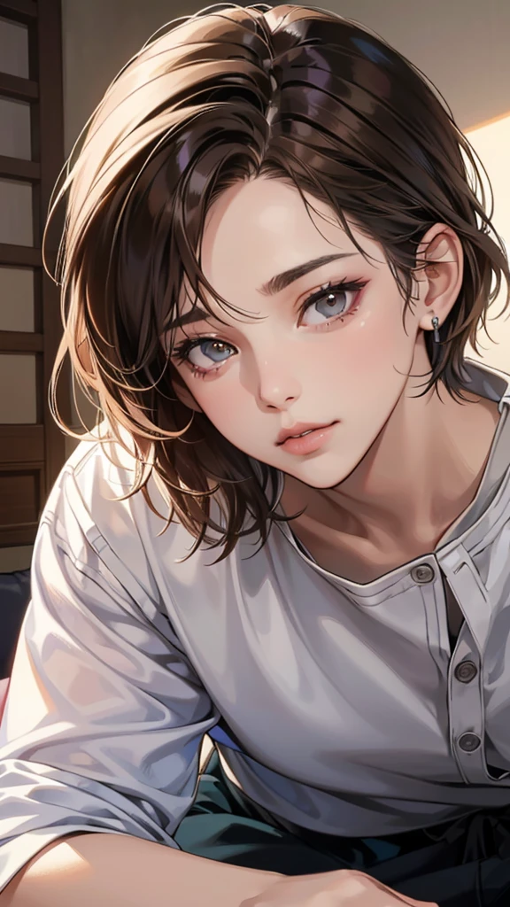 (masutepiece, Digital Art, Digital Illustration, 4K, 8K, Ultra-detailed, beautiful image, Sharp Image, Photorealistic, Raw photo, Perfect face, Perfect lines, Perfect eyes, Soft lighting) , a couple, 1 girl 1 boy, Hair color is different, Medium brown hair and brown eyes, Short black hair and gray eyes, Romance, Lie on the ground, Lip touch