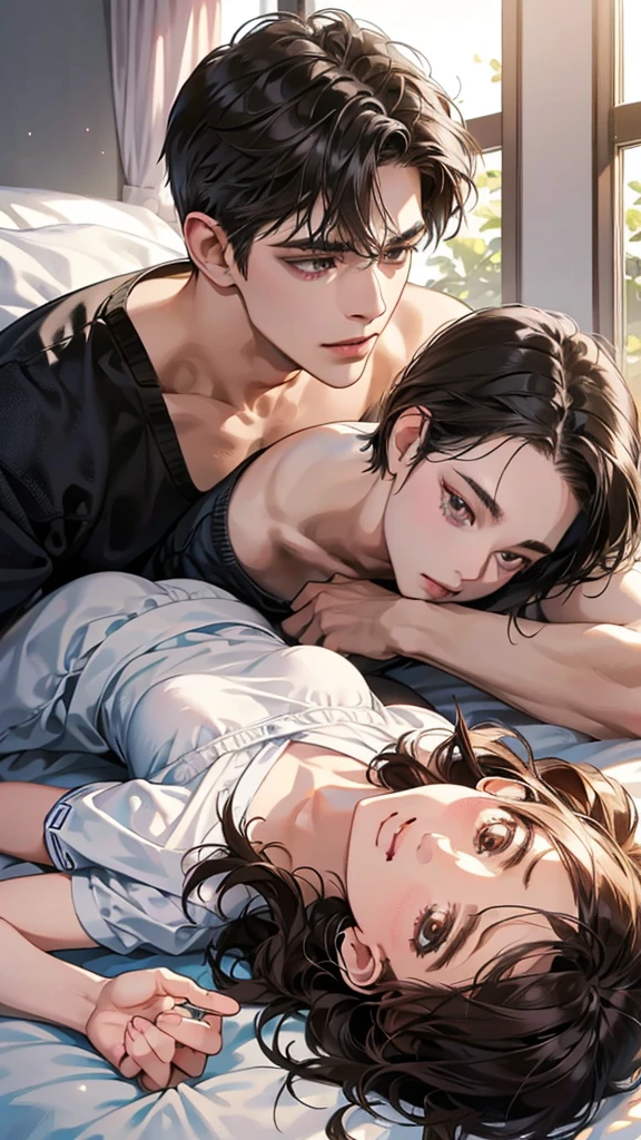 (masutepiece, Digital Art, Digital Illustration, 4K, 8K, Ultra-detailed, beautiful image, Sharp Image, Photorealistic, Raw photo, Perfect face, Perfect lines, Perfect eyes, Soft lighting) , a couple, 1 girl 1 boy, Hair color is different, Medium brown hair and brown eyes, Short black hair and gray eyes, Romance, Lie on the ground, Lip touch