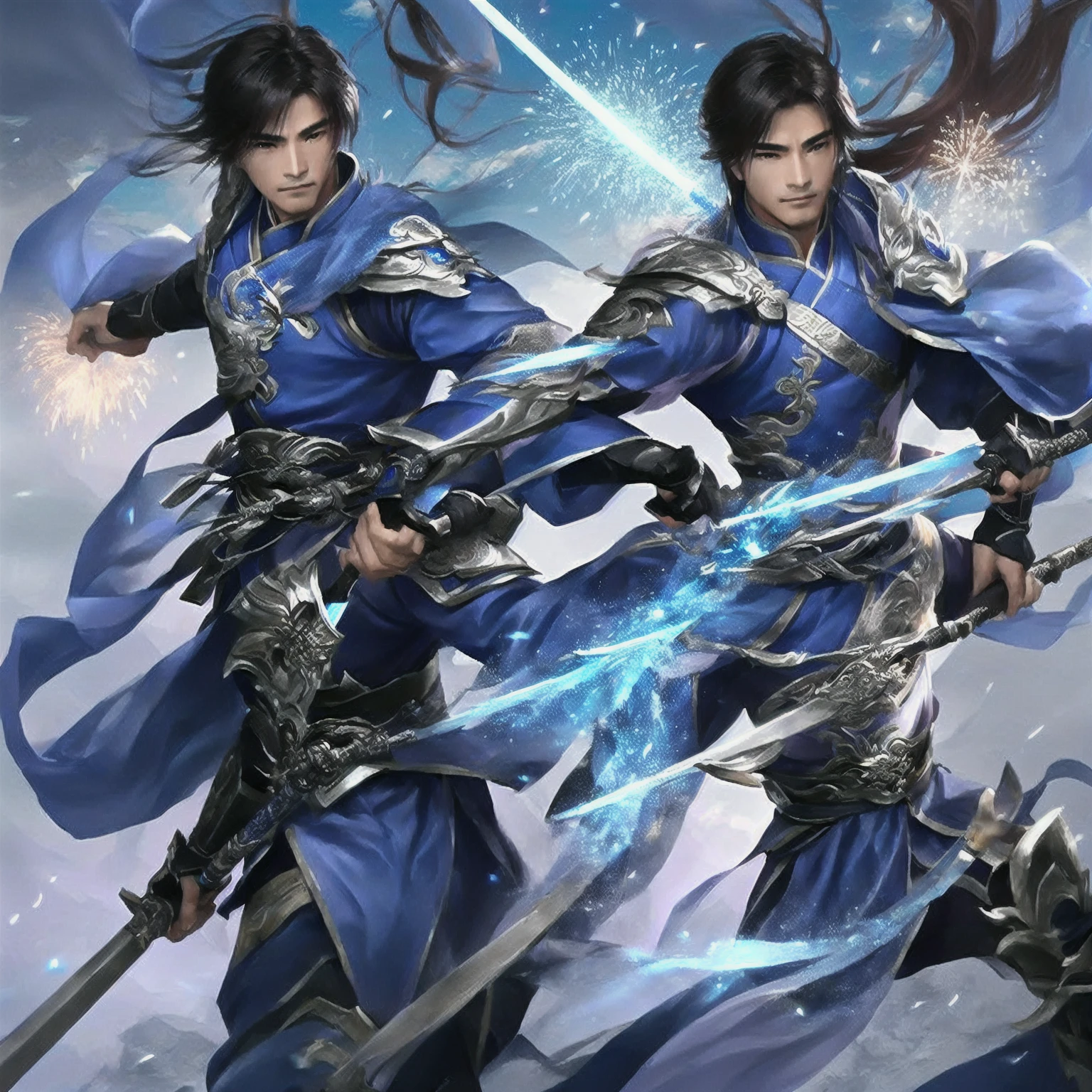 A person wearing blue clothing、man holding sword, Background with fireworks heise jinyao, zhao yun, xianxia hero, Inspired by Huang Shen, author：Yang J, G Liulian art style, Inspired by Li Kan, inspired by Guan Daosheng, Inspired by Shen Zhou, Yang Qi, Ruan Jia and Artgerm