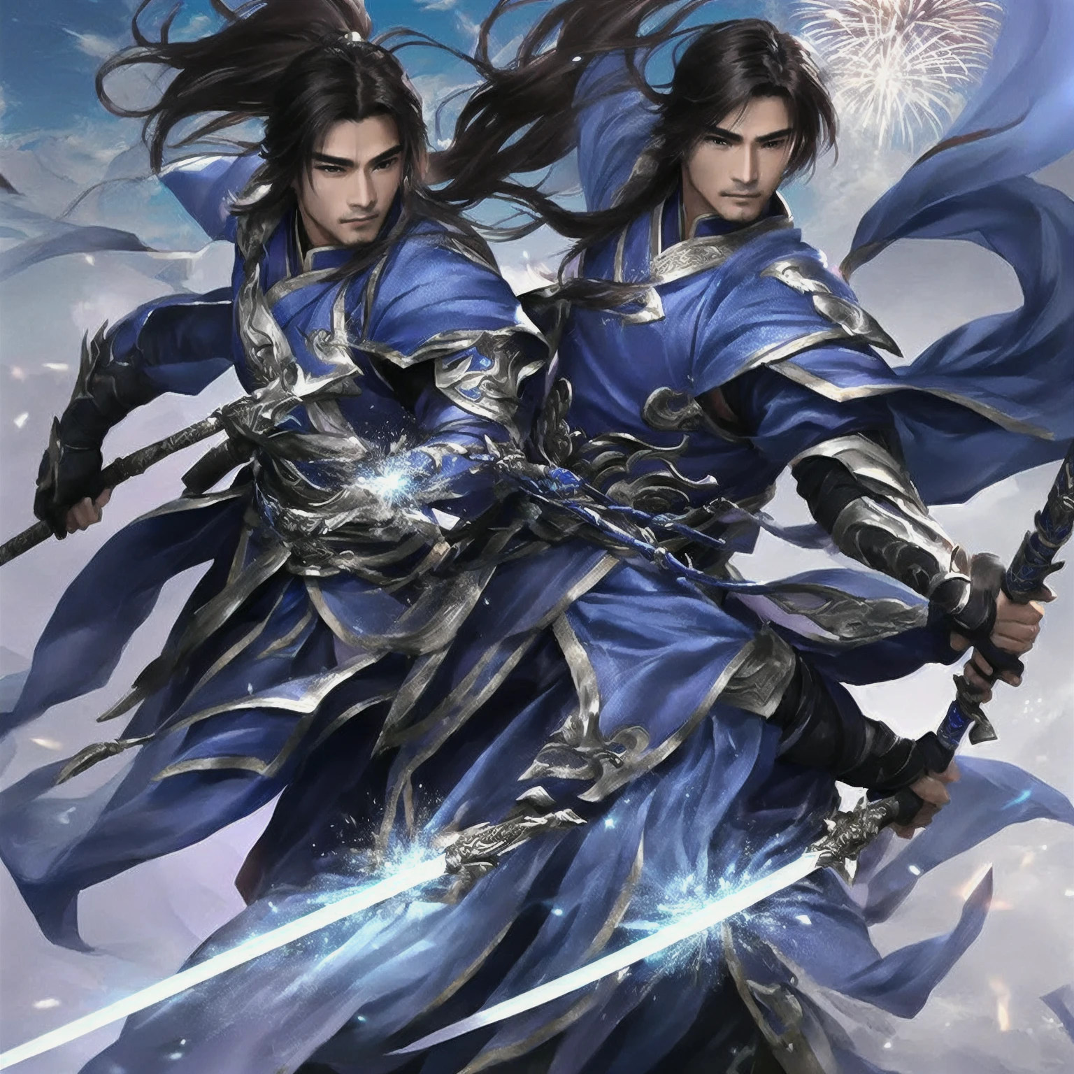 A person wearing blue clothing、man holding sword, Background with fireworks heise jinyao, zhao yun, xianxia hero, Inspired by Huang Shen, author:Yang J, G Liulian art style, Inspired by Li Kan, inspired by Guan Daosheng, Inspired by Shen Zhou, Yang Qi, Ruan Jia and Artgerm