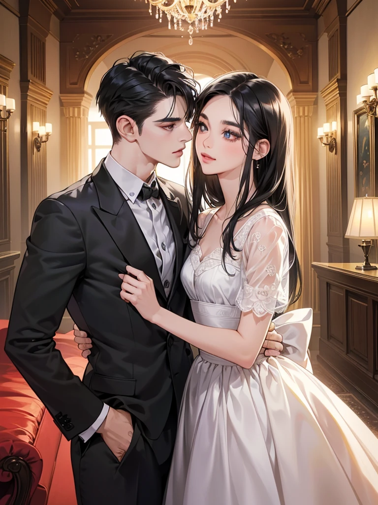 (masutepiece, Digital Art, Digital Illustration, 4K, 8K, Ultra-detailed, beautiful image, Sharp Image, Photorealistic, Raw photo, Perfect face, Perfect lines, Perfect eyes, Soft lighting) 1 woman, (Long Black Hair,straight haired,Bullish gaze,Beautie,Woman in suit,Solid makeup,23 y-o woman,small tits:1.3),Secretary, Two handsome men in suits, (ember,Men in suits,well-muscled,Firm shoulder width,Adult male,Boyish hairstyle,English gentlemanly style,Man in his 30s with a cool expression,28-year-old man with bright smile:1.2),Bedrooms、a canopy bed、Antique Clamps,Antique chair,chandeliers,Parti、a couple、couple kissing、kiss、the kiss、Romance、Kissing