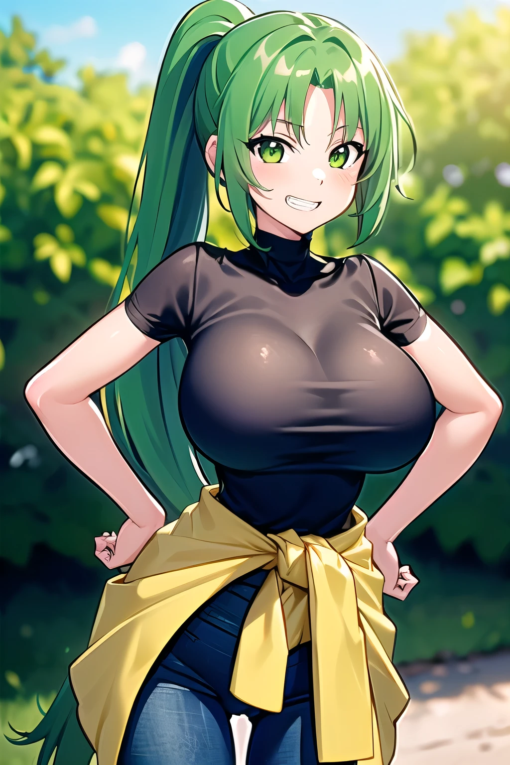 masterpiece, best quality, ultra-detailed, 1girl,  Mion Sonozaki, green hair, green eyes, ponytail, yellow tee, jeans, clothes around waist,(large breasts:1.2),Stylish,(thin_Waist:1.5),curvin waist,wide tits,big tits,Grin,Nice body,Proudly,Hands on hips,outdoors