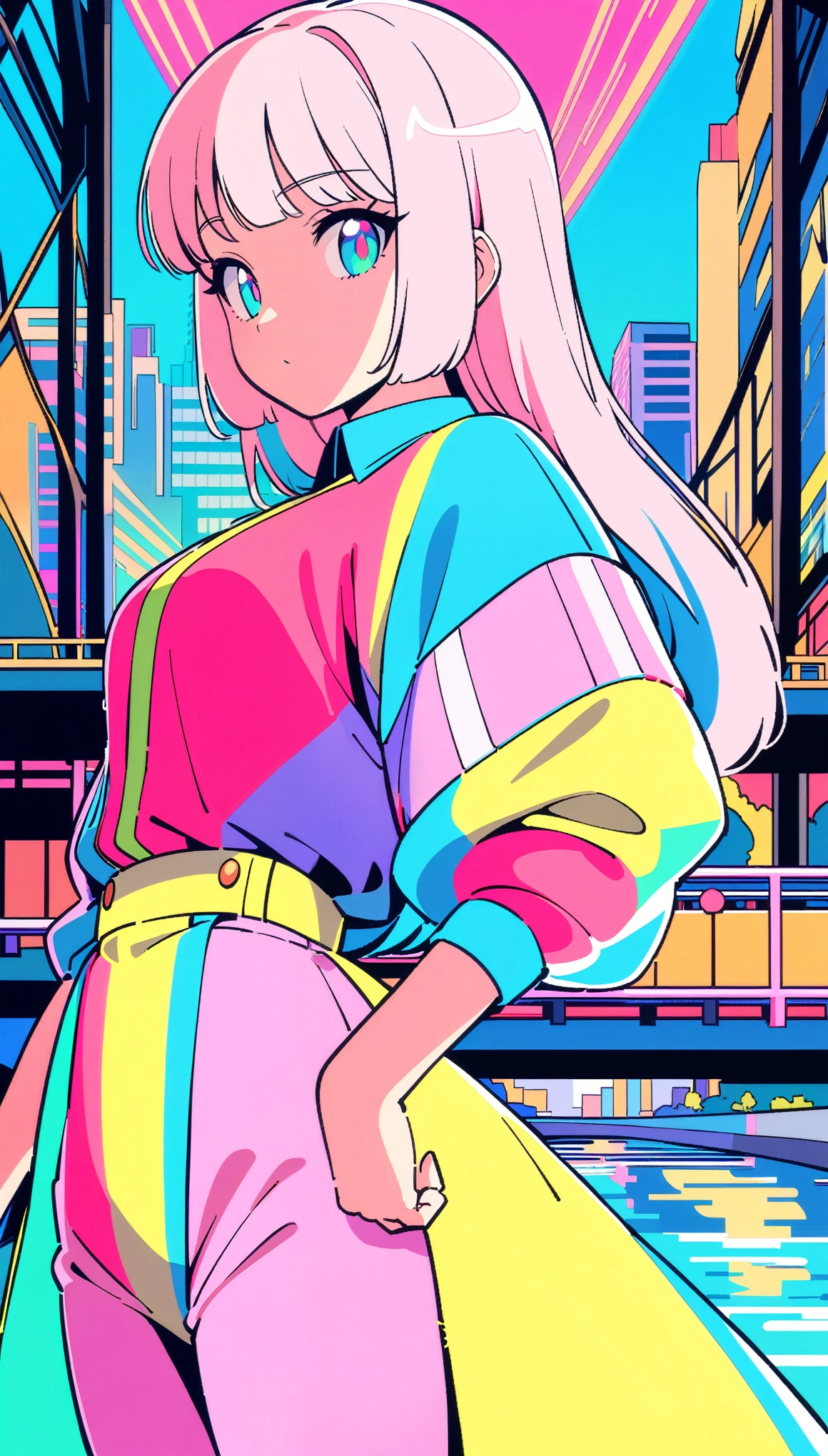 masterpiece, Highest quality, Beautiful attention to detail, Very detailed, In detail, High resolution, Perfect Anatomy, colorful, pastel colour, One Girl, alone, (City pop illustrations), (City Pop Art), Simple Background, Retro Style, (Vaporwave City Pop), (1980s City Pop), (City Pop Anime), (river, bridge), Retro Style, 1980s Fashion, Cowboy Shot,