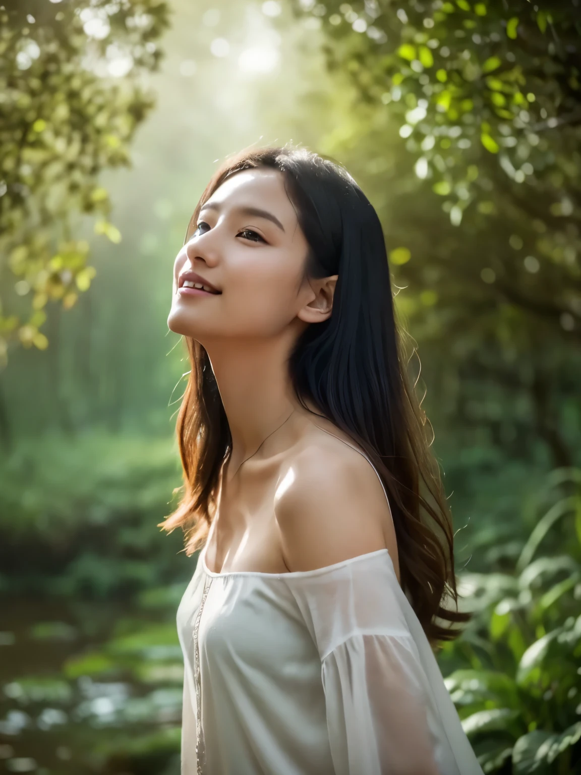 (best quality,8k,ultra-detailed,realistic:1.37),god creating man from soil,surreal photo,fujifilm xt3,outdoor,good lighting,raw photo,film grain,unreal engine 5,ray trace,concept artists,Goddess-like woman full body, (Artistic Nudity and Covering),landscape,human creation,smiling, feminin pose, long hair, divine touch,transcendence,charm,powerful presence,strong figure,wisdom in the eyes,,,harmony with nature,peaceful surroundings,ethereal beauty,sublime atmosphere,brilliant colors,dreamlike quality,otherworldly perspective,subtle textures,vibrant details,mesmerizing composition,transcendent realms,spiritual journey,sacred transformation