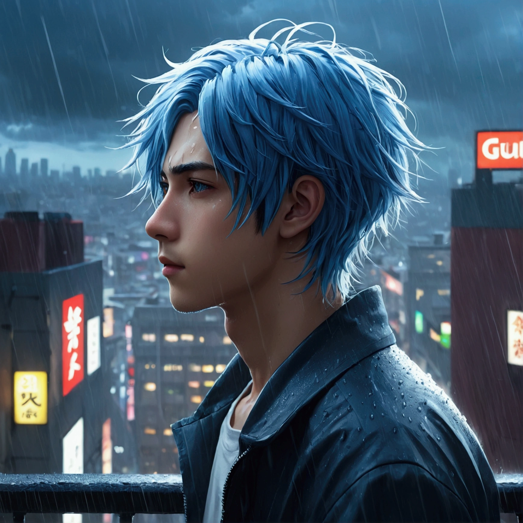 Anime boy in the rain, 1male people, Wide blue hair, blue eyes,4k anime wallpapers, There are no boys after the rain, Anime Boy Profile, manga wallpaper 4k, Anime wallpaper 4K, 4k anime wallpapers, Artwork in the style of Guweiz, Badass anime 8K, Anime art wallpaper 4k, Anime art wallpaper 4k, rainy evening, Anime art wallpaper 8k, Very detailed background on city rooftops, platforms, with city view, Detal Face, Detailed complex occupancy background, disorderly, splendid, milkyW, highly detailedskin,  Clear focus, volume fog, 8K  UHD, Digital SLR, high high quality, DL, futuristic dystopian megalopolis, Translucent