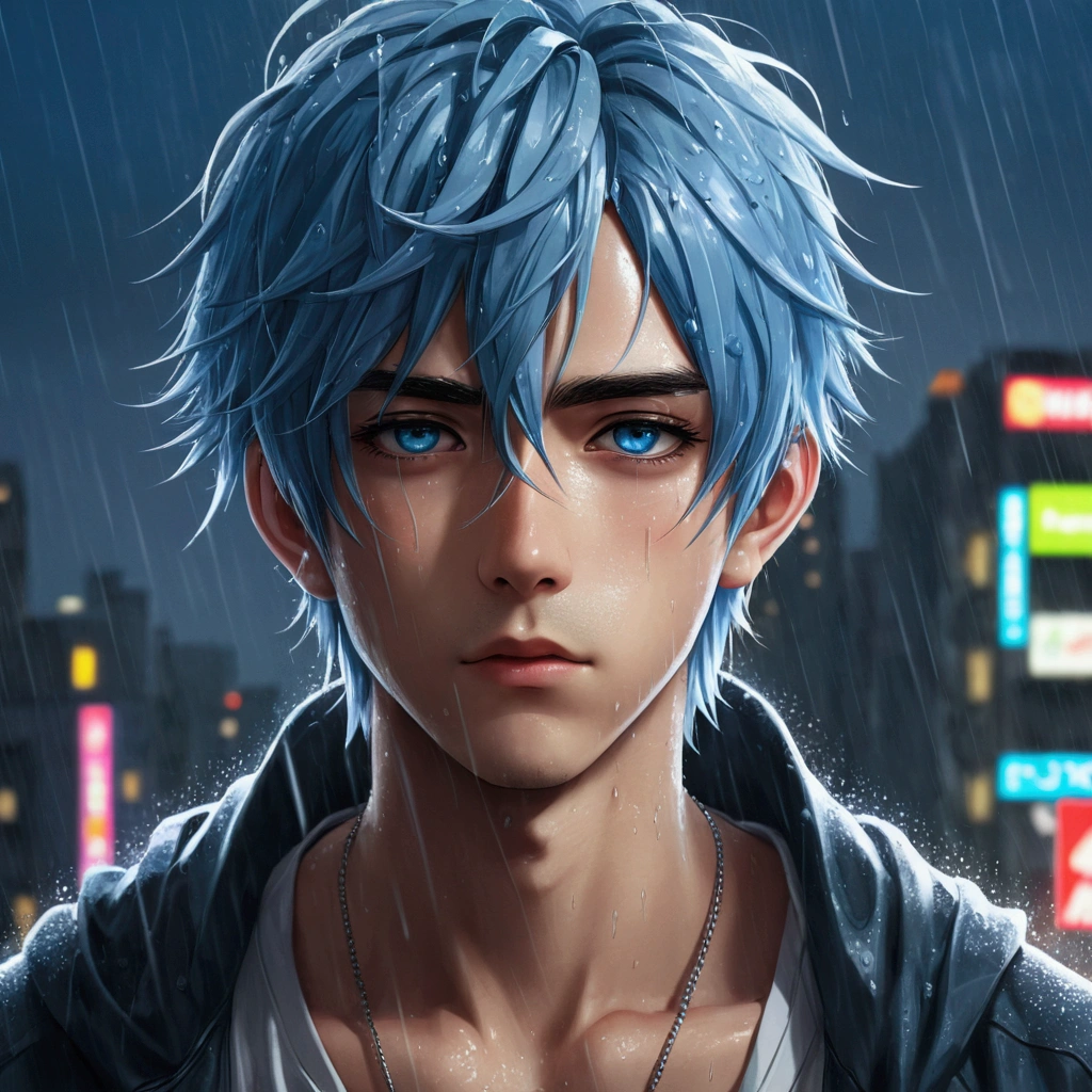 Anime boy in the rain, 1male people, Wide blue hair, blue eyes,4k anime wallpapers, There are no boys after the rain, Anime Boy Profile, manga wallpaper 4k, Anime wallpaper 4K, 4k anime wallpapers, Artwork in the style of Guweiz, Badass anime 8K, Anime art wallpaper 4k, Anime art wallpaper 4k, rainy evening, Anime art wallpaper 8k, Very detailed background on city rooftops, platforms, with city view, Detal Face, Detailed complex occupancy background, disorderly, splendid, milkyW, highly detailedskin, Clear focus, volume fog, 8K UHD, Digital SLR, high high quality, DL, futuristic dystopian megalopolis, Translucent