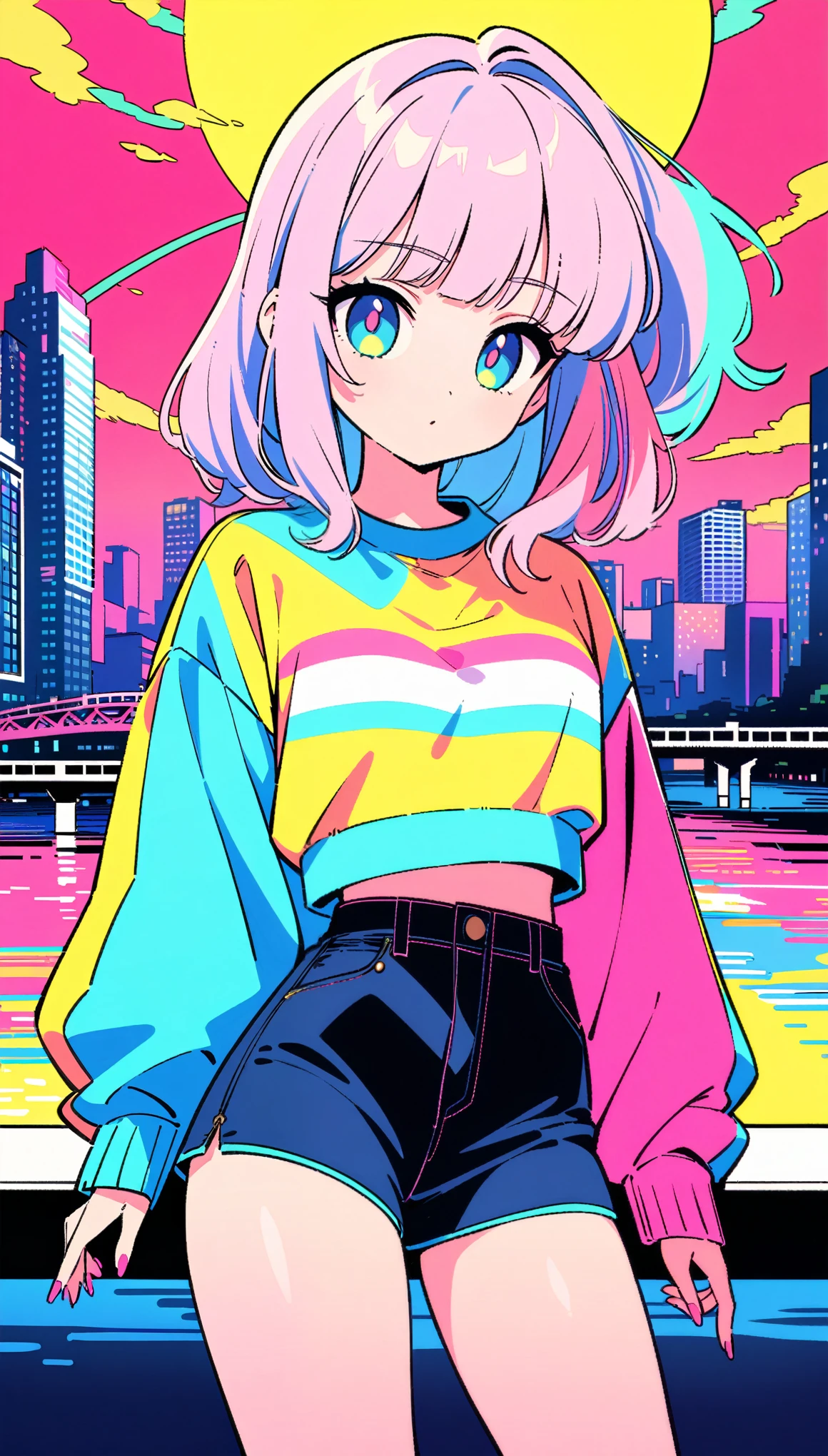 masterpiece, Highest quality, Beautiful attention to detail, Very detailed, In detail, High resolution, Perfect Anatomy, colorful, pastel colour, One Girl, alone, (City pop illustrations), (City Pop Art), Simple Background, Retro Style, (Vaporwave City Pop), (1980s City Pop), (City Pop Anime), (river, bridge), Retro Style, 1980s Fashion, Cowboy Shot,