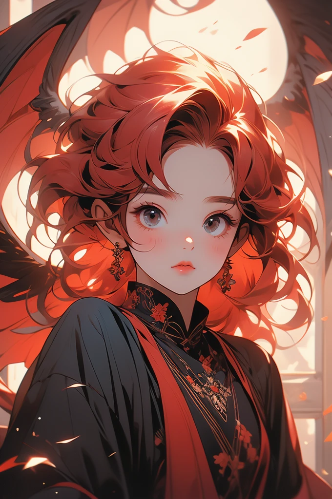 1girl, shy, small, cute, demon, fiddling, looking up at viewer, wings, red hair, black skin
