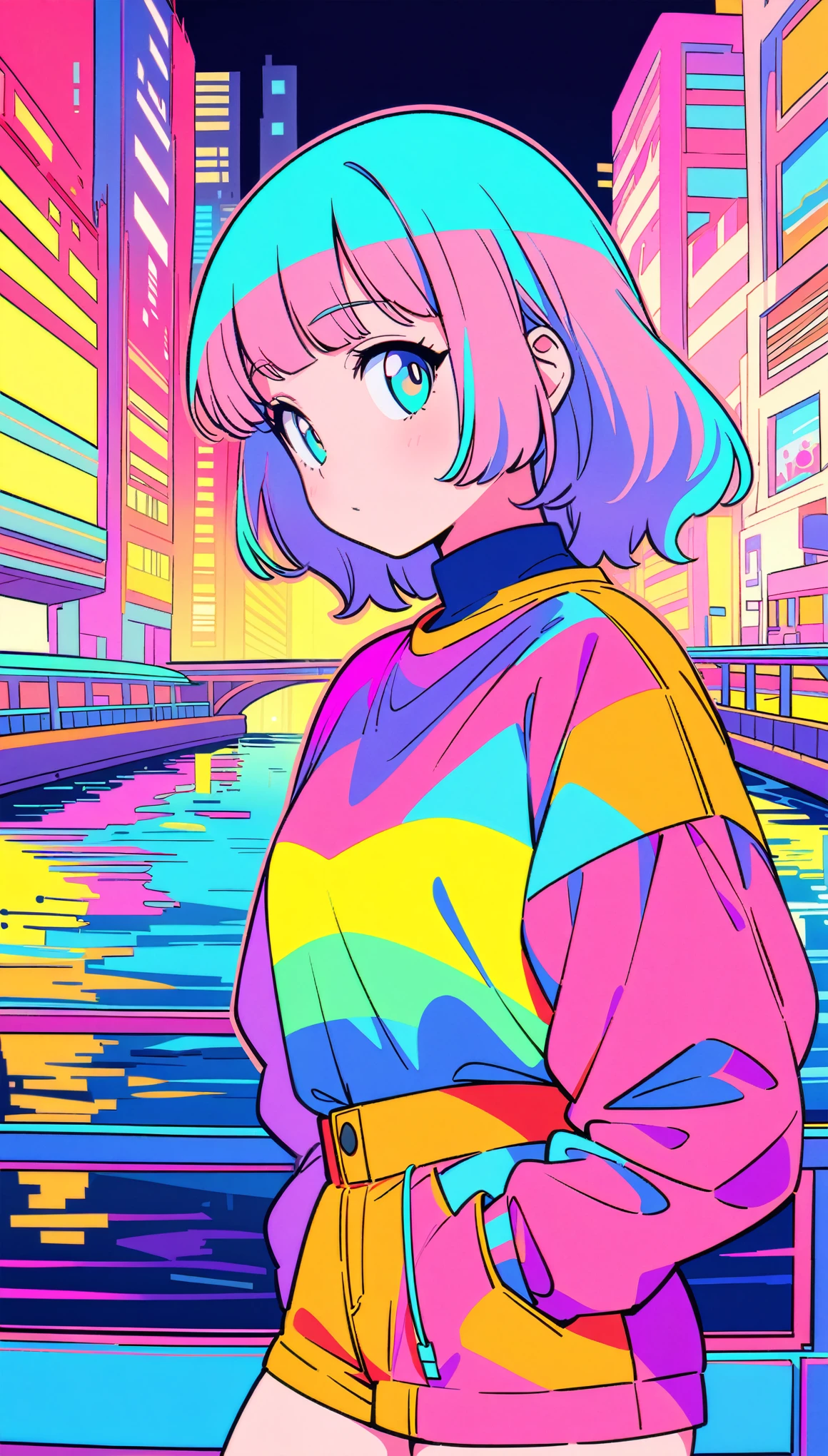 masterpiece, Highest quality, Beautiful attention to detail, Very detailed, In detail, High resolution, Perfect Anatomy, colorful, pastel colour, One Girl, alone, (City pop illustrations), (City Pop Art), Simple Background, Retro Style, (Vaporwave City Pop), (1980s City Pop), (City Pop Anime), (river, bridge), Retro Style, 1980s Fashion, Cowboy Shot,