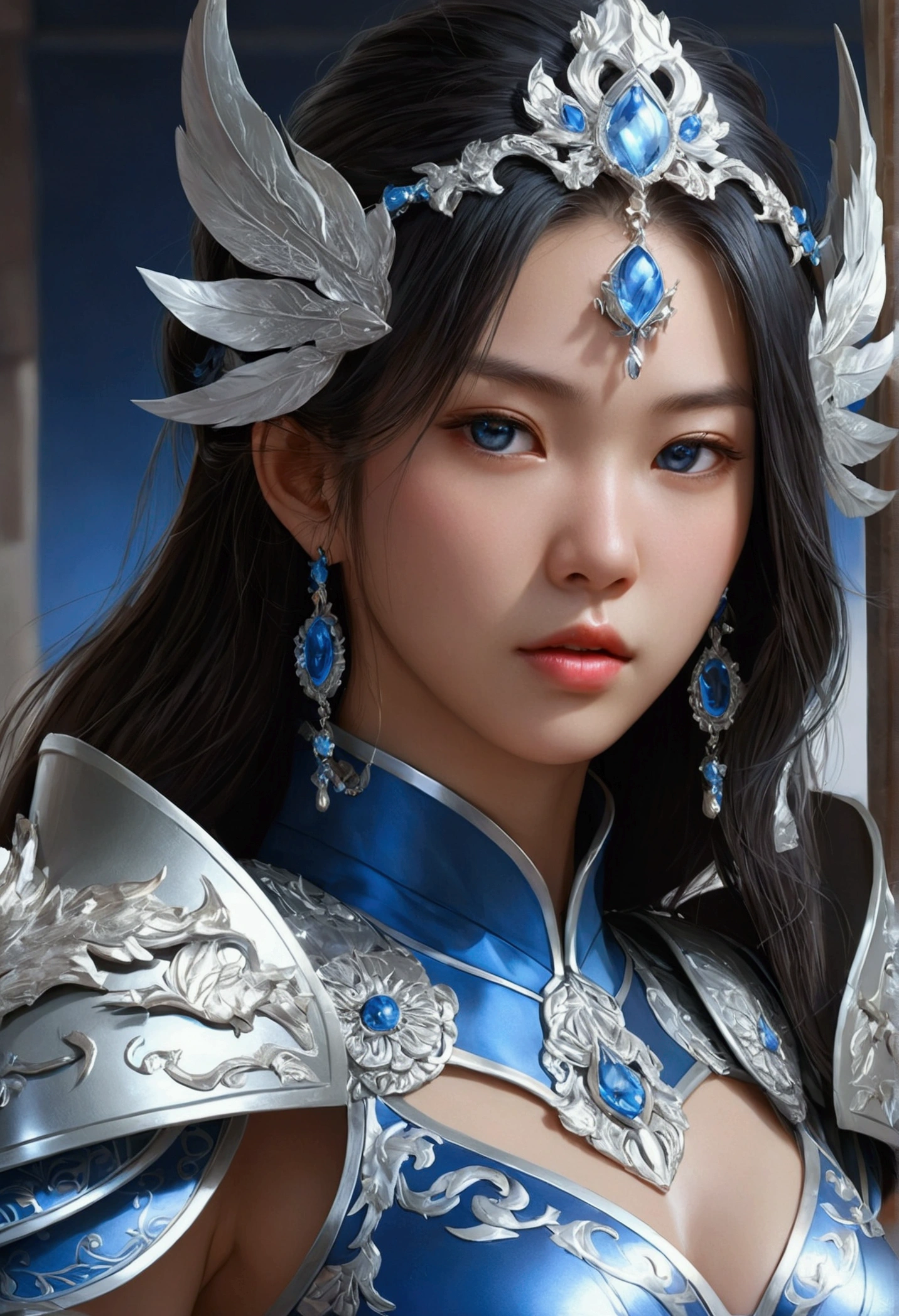 Close-up of woman in silver and blue dress, Chengwei Pan at Art Station, Jan J, Detailed fantasy art, Amazing character art, Fan Art Best Art Station, Magnificent and elaborate character art, Beautiful Armor, Highly detailed art gems, Detailed digital anime art, Art Station pixiv&#39;s artgerm, Girl in Armor
