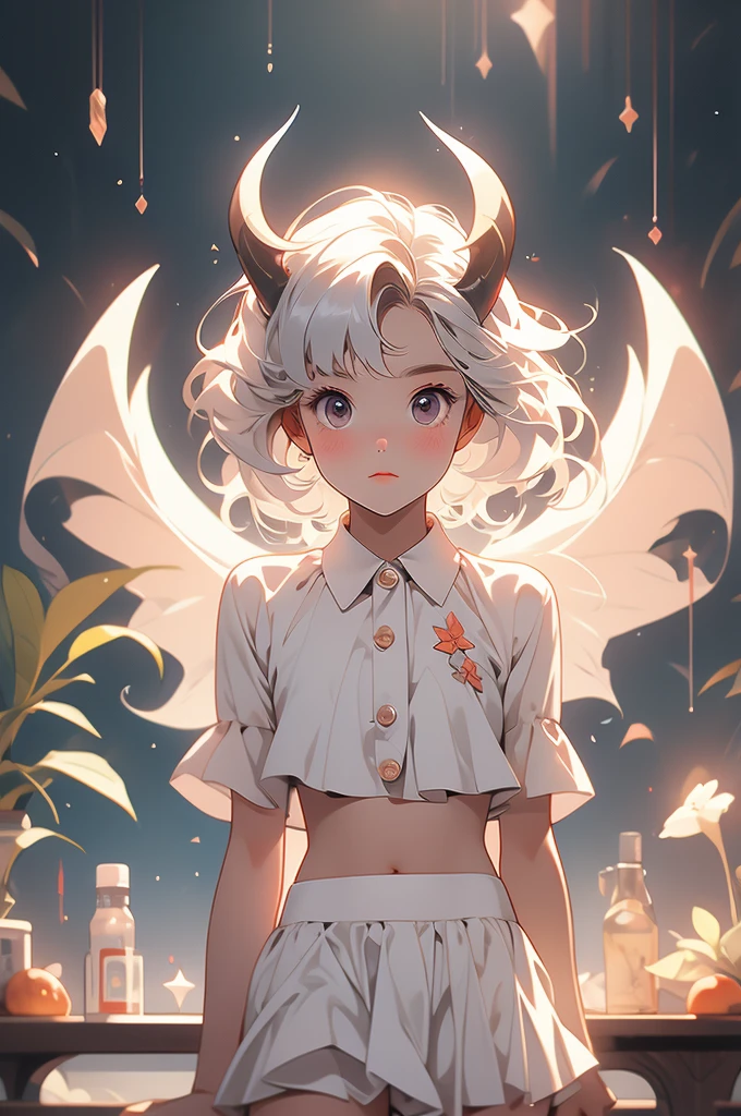 1girl, shy, small, cute, demon, fiddling, looking up at viewer, wings, white hair, dark skin, bikini, mini skirt