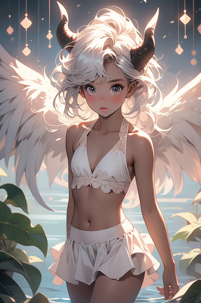 1girl, shy, small, cute, demon, fiddling, looking up at viewer, wings, white hair, dark skin, bikini, mini skirt