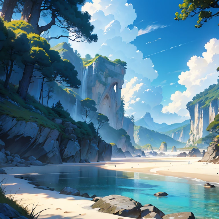 Cool landscape, masterpiece Shiny fur, Professional photography, anime, Fantastic landscape, 日本のanime映画風, Seaside, Fluffy fur, mysterious