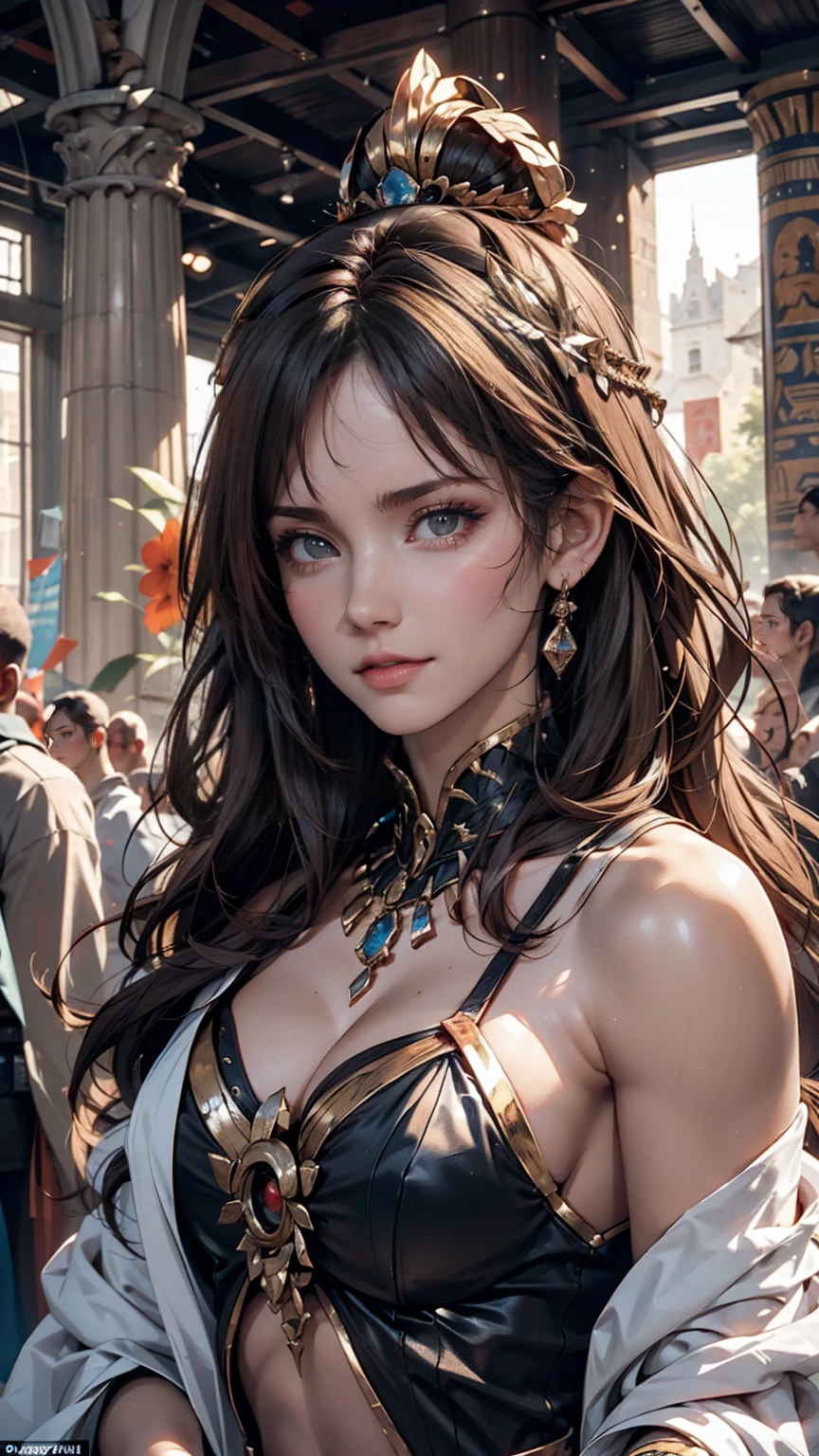 Ancient queen: A woman with face paint depicting Egyptian and Roman queens、Standing against a backdrop that evokes an ancient civilization