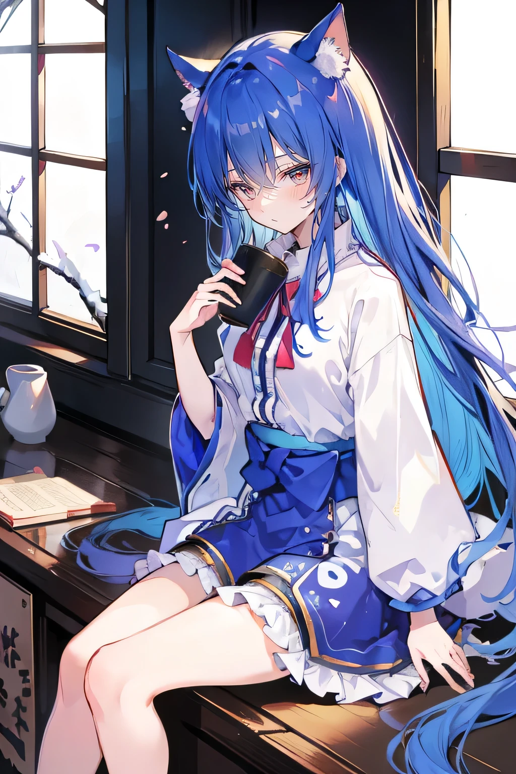 (Masterpiece:1.2),Ultra-detailed,lifelike,The eyes are expressive,Fair skin,Perfect face shape,1 girl,
Japanese Manga,Gorgeous blue hair,Flowing blue hair,Flowing clothes,Cat ears,Petals falling,Beautiful Lola,little angel,
Cross your legs,Gentle and peaceful background,Smile,Wearing a sweatshirt,Tokyo background,background,heavy snow,冬天 on window sill drinking coffee and looking out the window