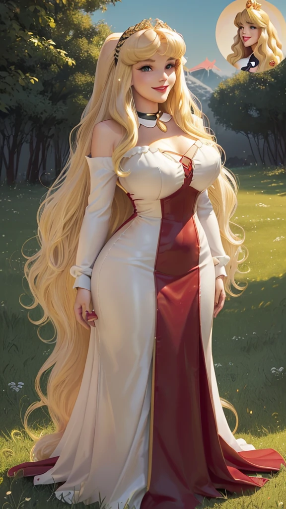 DisneyAurora, 27 years old, full body view Beautiful woman (((long wavy blonde hair, two side up with bangs))) defined body, voluptuous, sexy, cherry red lipstick, arms by her sides, hands free, happily smiling, standing facing camera((( sujetador blanco ))), in moonlit grassy field, (large_breasts:1.0) (curvy:1.0)