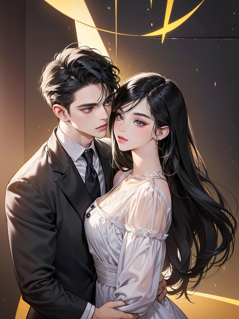 (masutepiece, Digital Art, Digital Illustration, 4K, 8K, Ultra-detailed, beautiful image, Sharp Image, Photorealistic, Raw photo, Perfect face, Perfect lines, Perfect eyes, Soft lighting) 1 woman, (Long Black Hair,straight haired,Bullish gaze,Beautie,Woman in suit,Solid makeup,23 y-o woman,small tits:1.3),Secretary, Two handsome men in suits, (ember,Men in suits,well-muscled,Firm shoulder width,Adult male,Boyish hairstyle,English gentlemanly style,Man in his 30s with a cool expression,28-year-old man with bright smile:1.2),Parti、a couple、couple kissing、kiss、the kiss、Romance、Kissing