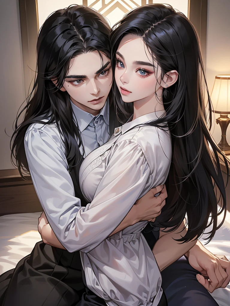 (masutepiece, Digital Art, Digital Illustration, 4K, 8K, Ultra-detailed, beautiful image, Sharp Image, Photorealistic, Raw photo, Perfect face, Perfect lines, Perfect eyes, Soft lighting) 1 woman, (Long Black Hair,straight haired,Bullish gaze,Beautie,Woman in suit,Solid makeup,23 y-o woman,small tits:1.3),Secretary, Two handsome men in suits, (ember,Men in suits,well-muscled,Firm shoulder width,Adult male,Boyish hairstyle,English gentlemanly style,Man in his 30s with a cool expression,28-year-old man with bright smile:1.2),Parti、a couple、couple kissing、kiss、the kiss、Romance、Kissing