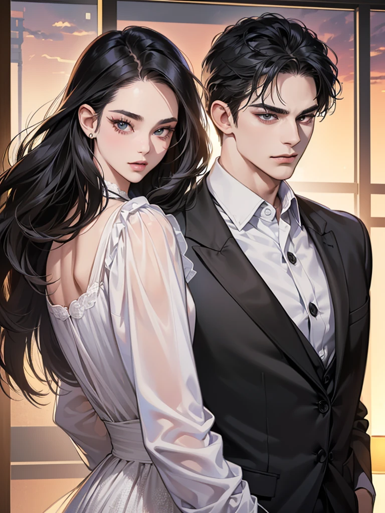 (masutepiece, Digital Art, Digital Illustration, 4K, 8K, Ultra-detailed, beautiful image, Sharp Image, Photorealistic, Raw photo, Perfect face, Perfect lines, Perfect eyes, Soft lighting) 1 woman, (Long Black Hair,straight haired,Bullish gaze,Beautie,Woman in suit,Solid makeup,23 y-o woman,small tits:1.3),Secretary, Two handsome men in suits, (ember,Men in suits,well-muscled,Firm shoulder width,Adult male,Boyish hairstyle,English gentlemanly style,Man in his 30s with a cool expression,28-year-old man with bright smile:1.2),Parti、a couple、couple kissing、kiss、the kiss、Romance、Kissing