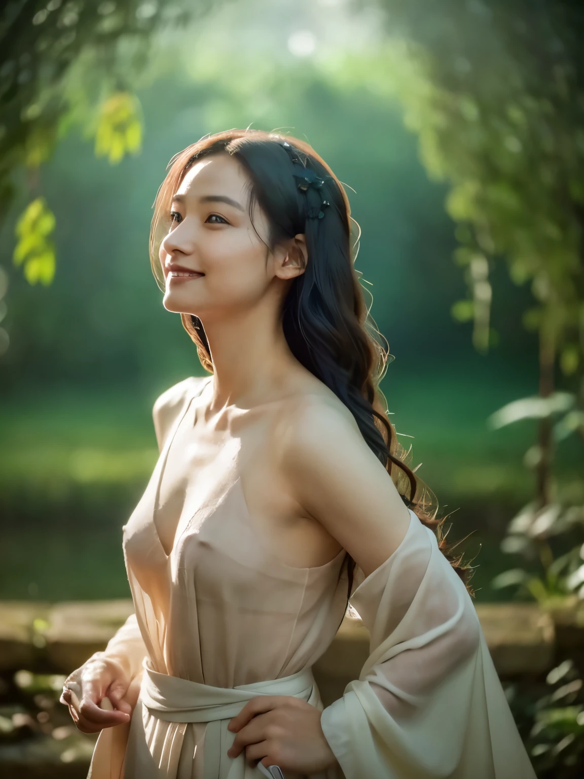 (best quality,8k,ultra-detailed,realistic:1.37),god creating man from soil,surreal photo,fujifilm xt3,outdoor,good lighting,raw photo,film grain,unreal engine 5,ray trace,concept artists,Goddess-like woman full body, (Artistic Nudity and Covering),landscape,human creation,smiling, feminin pose, long hair, divine touch,transcendence,charm,powerful presence,strong figure,wisdom in the eyes,,,harmony with nature,peaceful surroundings,ethereal beauty,sublime atmosphere,brilliant colors,dreamlike quality,otherworldly perspective,subtle textures,vibrant details,mesmerizing composition,transcendent realms,spiritual journey,sacred transformation