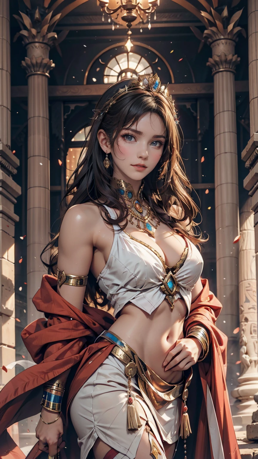 Ancient queen: A woman with face paint depicting Egyptian and Roman queens、Standing against a backdrop that evokes an ancient civilization