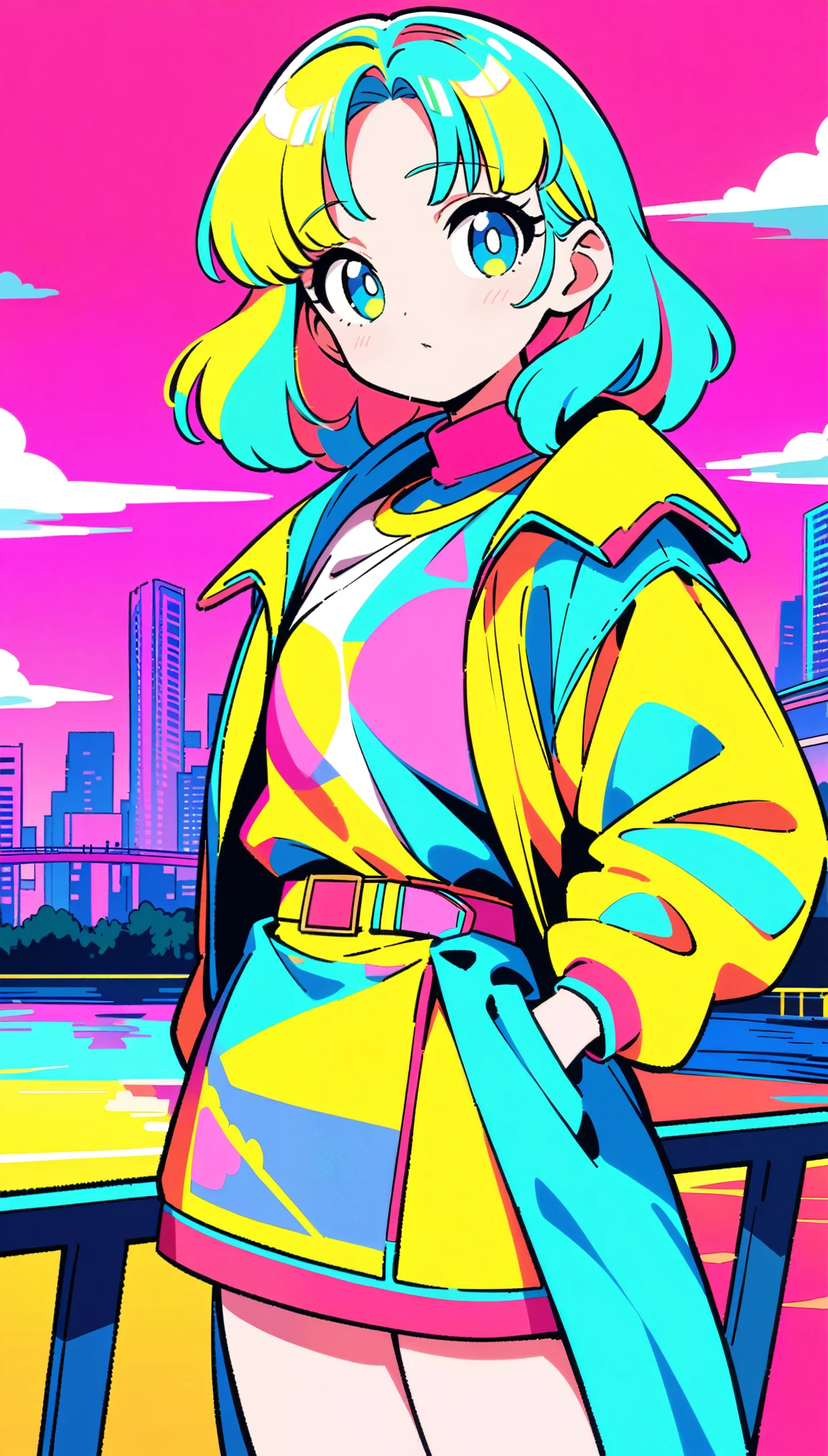 masterpiece, Highest quality, Beautiful attention to detail, Very detailed, In detail, High resolution, Perfect Anatomy, colorful, pastel colour, One Girl, alone, (City pop illustrations), (City Pop Art), Simple Background, Retro Style, (Vaporwave City Pop), (1980s City Pop), (City Pop Anime), (river, bridge), Retro Style, 1980s Fashion, Cowboy Shot,