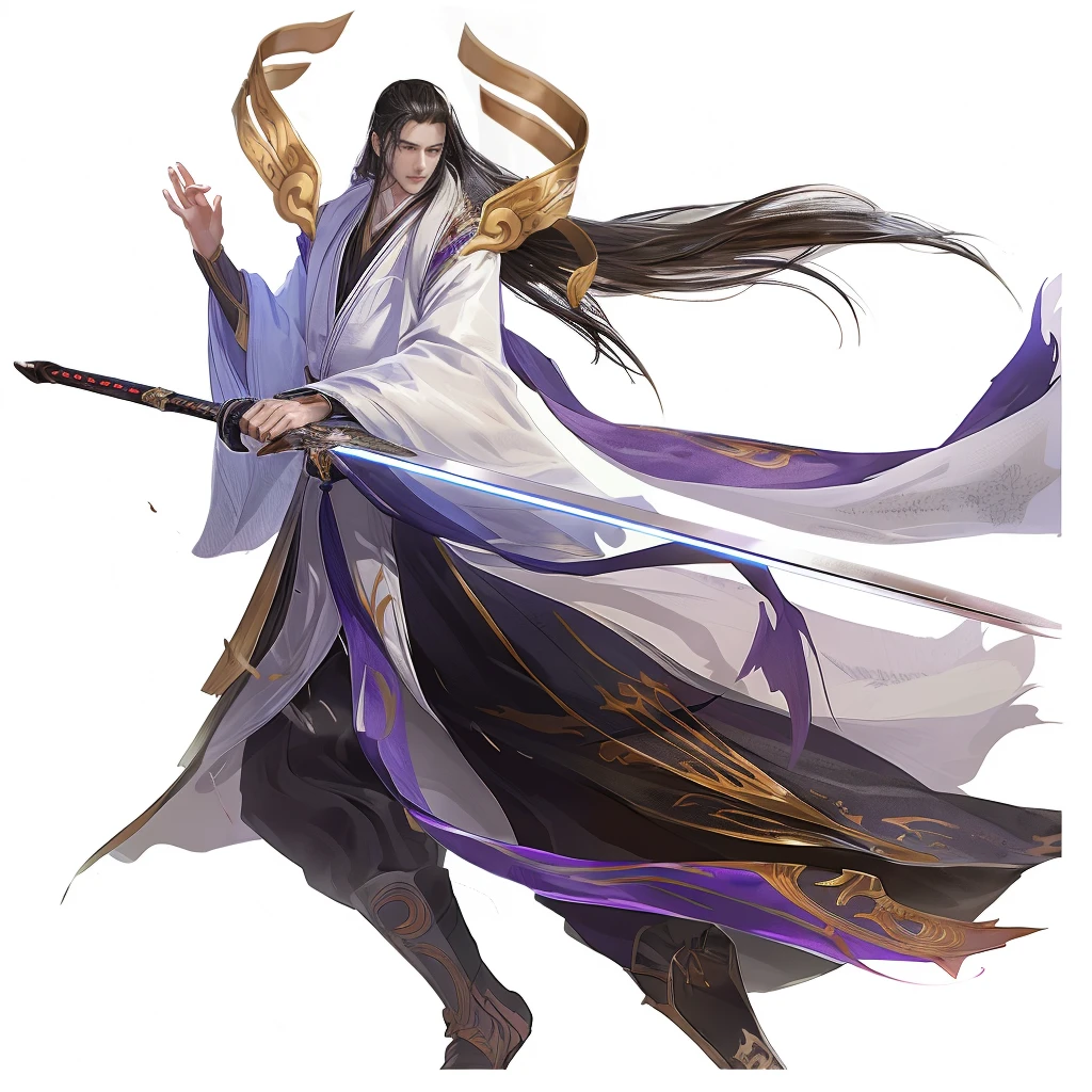 飘逸的长发年轻帅气Mage、Swing the Sword,Game art style and anime character design、Beautiful hand-painted game illustrations、uhd、超detail、16K、Textured Skin、高detail、black、Attack Action、flight、Mage、Competition、Wearing a white and purple robe、Swing the Sword、black长发swordsman、Profile、Clear outline、Full body view、 Swing the Sword, Full body view, Dynamic running posture, Run sideways, flight, swordsman, 英俊的black长发中国男子, Swing the Sword, high quality, detail, Full body shot, flight姿势, White background, high quality, detail, Ross Tran style concept art, White and deep sky blue, 2D animation, Colorful clothing--ar 79: 86
