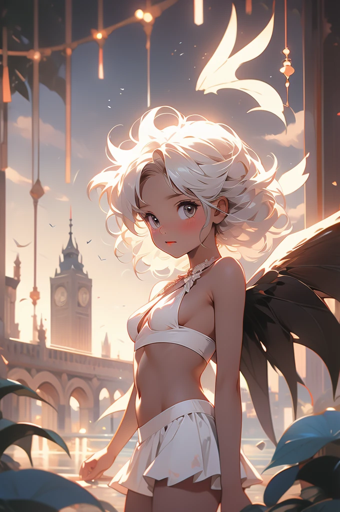 1girl, shy, small, cute, demon, fiddling, looking up at viewer, wings, white hair, dark skin, bikini, mini skirt