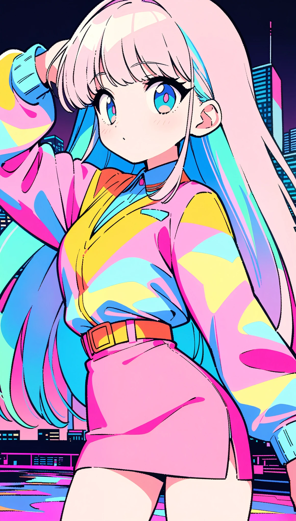 masterpiece, Highest quality, Beautiful attention to detail, Very detailed, In detail, High resolution, Perfect Anatomy, colorful, pastel colour, One Girl, alone, (City pop illustrations), (City Pop Art), Simple Background, Retro Style, (Vaporwave City Pop), (1980s City Pop), (City Pop Anime), (river, bridge), Retro Style, 1980s Fashion, Cowboy Shot,