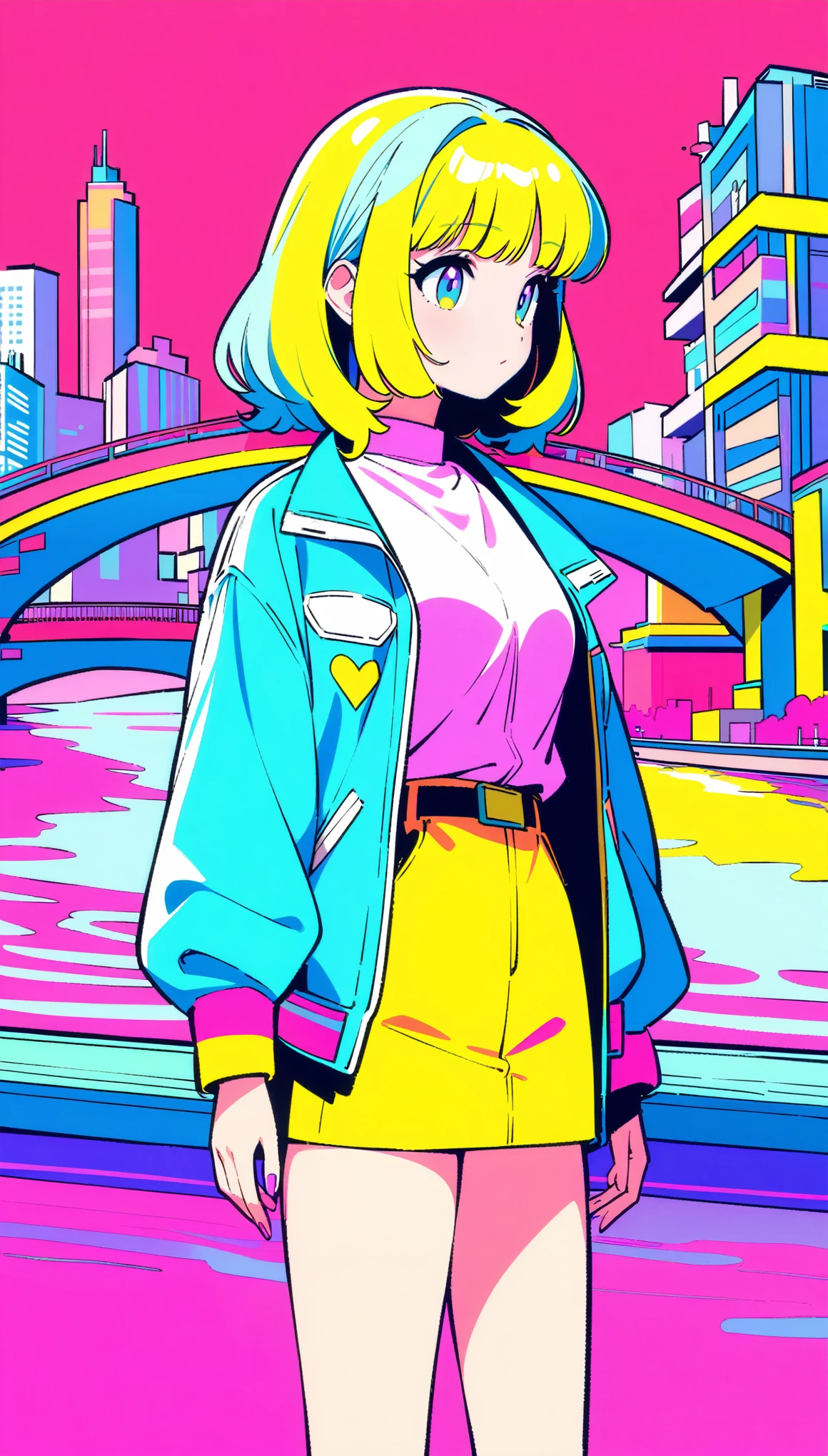 masterpiece, Highest quality, Beautiful attention to detail, Very detailed, In detail, High resolution, Perfect Anatomy, colorful, pastel colour, One Girl, alone, (City pop illustrations), (City Pop Art), Simple Background, Retro Style, (Vaporwave City Pop), (1980s City Pop), (City Pop Anime), (river, bridge), Retro Style, 1980s Fashion, Cowboy Shot,