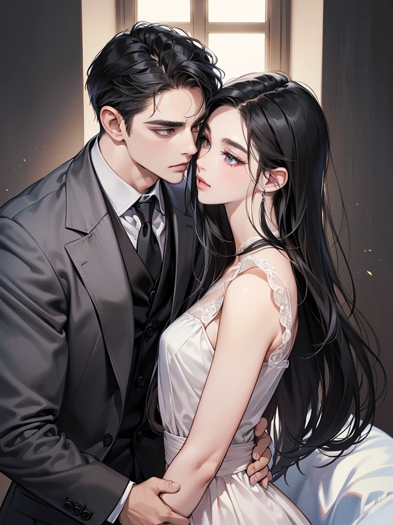 (masutepiece, Digital Art, Digital Illustration, 4K, 8K, Ultra-detailed, beautiful image, Sharp Image, Photorealistic, Raw photo, Perfect face, Perfect lines, Perfect eyes, Soft lighting) 1 woman, (Long Black Hair,straight haired,Bullish gaze,Beautie,Woman in suit,Solid makeup,23 y-o woman,small tits:1.3),Secretary, Two handsome men in suits, (ember,Men in suits,well-muscled,Firm shoulder width,Adult male,Boyish hairstyle,English gentlemanly style,Man in his 30s with a cool expression,28-year-old man with bright smile:1.2),Parti、a couple、couple kissing、kiss、the kiss、Romance、Kissing