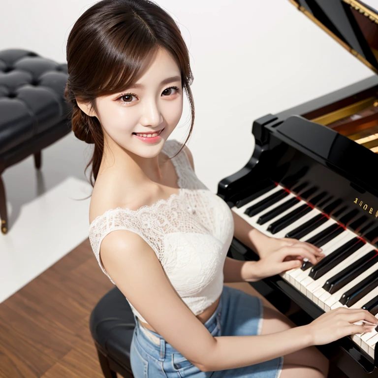 South Korea, Beauty, clothes, smile, White background, piano, high-angle-shot