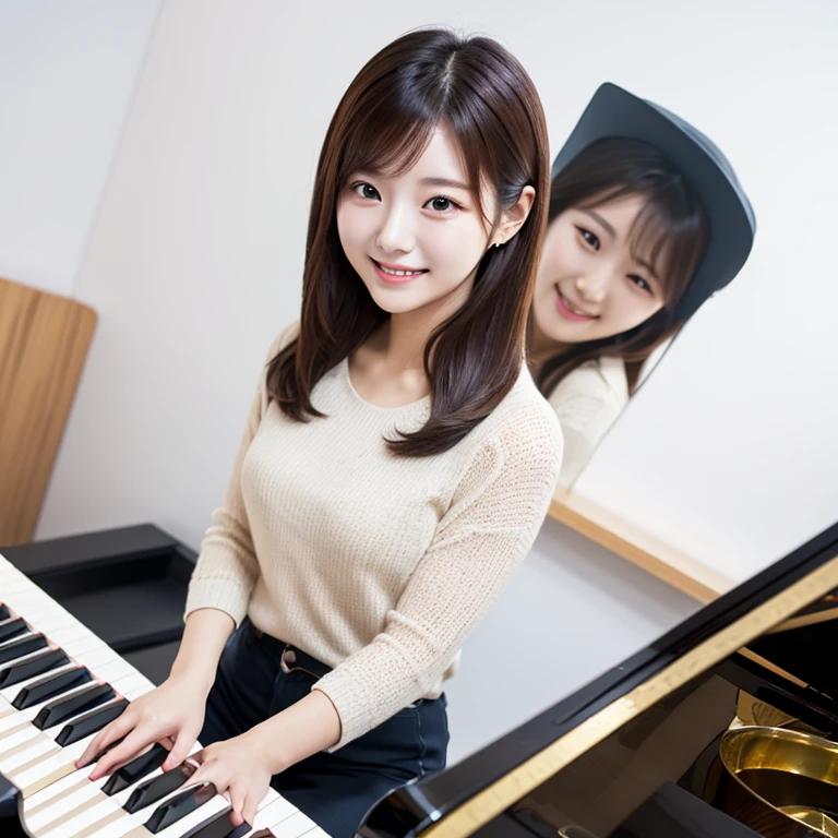 South Korea,　Beauty,　clothes,　smile,　White background, piano, high-angle-shot