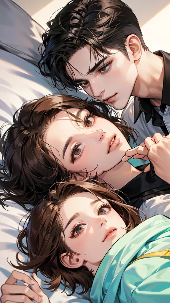 (masutepiece, Digital Art, Digital Illustration, 4K, 8K, Ultra-detailed, beautiful image, Sharp Image, Photorealistic, Raw photo, Perfect face, Perfect lines, Perfect eyes, Soft lighting) , a couple, 1 girl 1 boy, Hair color is different, Medium brown hair and brown eyes, Short black hair and gray eyes, Romance, Lie on the ground, Lip touch