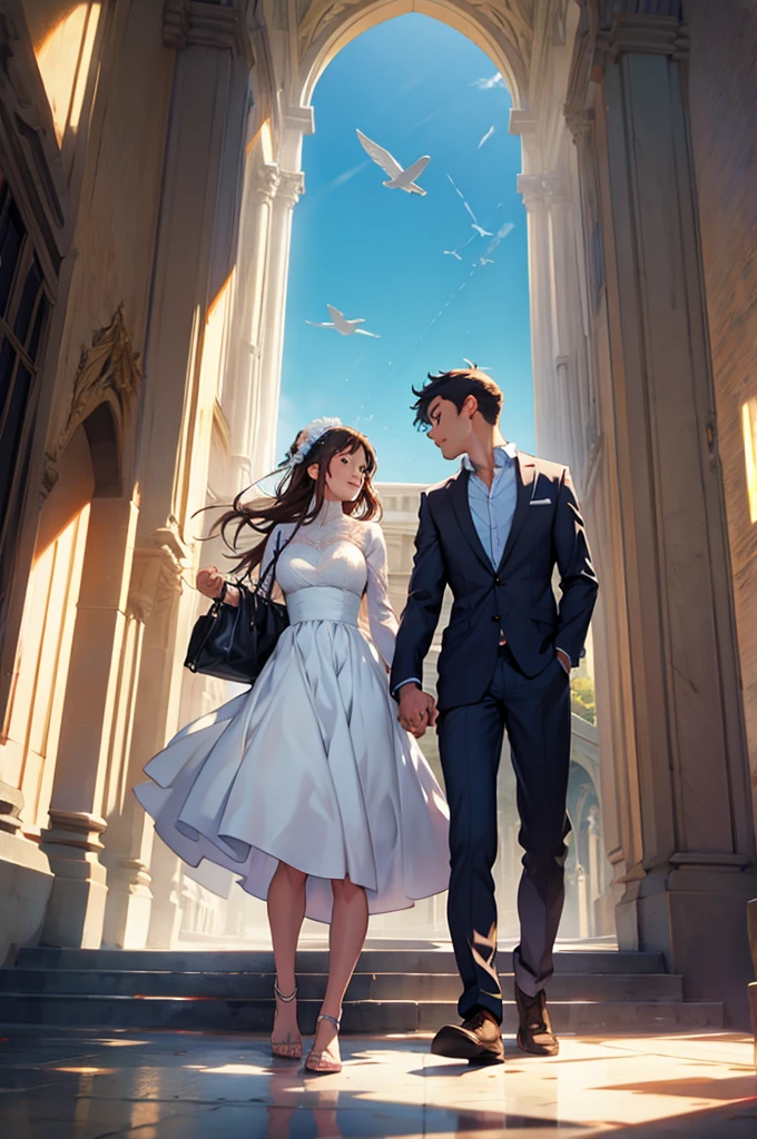Couple falling from the sky holding hands full body view