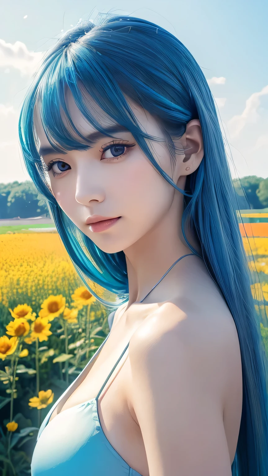 (Highest quality, 32K, High resolution, masterpiece:1.5), internal_jet, god々Photos with radiant and healing powers., A sense of calm and elusive beauty, Expressing emotions, Have a rich imagination, Beautiful Japanese Girl, Very beautiful face, Small Face Beauty, , Perfect Human Anatomy, Magic big eye, Motherhood and generosity, deep love, A fleeting smile, (Shiny blue hair:1.2), Super long hair swaying in the wind, Asymmetrical bangs, Hair between the eyes, transparent, Soft white skin, Sharp eyebrows, Thin lashes, ((Natural Makeup:1.3)), Blue Bikini, High resolution perfect collarbone, High resolution beautiful bust, Slim figure and ample breasts, High resolutionの美しい太もも, ((Distant Horizon:1.5)), ((A flower field that stretches to the horizon:1.3)), Beautiful and detailed blue sky, Professional Photographer, Professional Lighting, Professional Model
