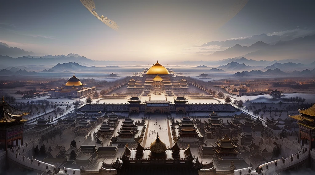 Alafud View,There is a golden domed palace in the middle, Beautiful rendering of the Tang Dynasty, Tang Dynasty Palace, Forbidden City, author:Ni Yuanlu, Theatre concept art, Carefully designed matte painting, concept art matte painting, author:Yang J, Magnificent matte painting, Concept art stunning atmosphere, Concept Art, Stunning fine matte, by Li Zai