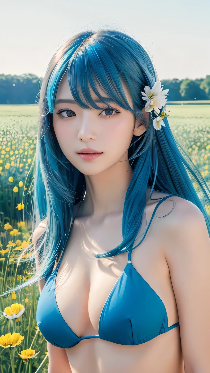 (Highest quality, 32K, High resolution, masterpiece:1.5), internal_jet, god々Photos with radiant and healing powers., A sense of calm and elusive beauty, Expressing emotions, Have a rich imagination, Beautiful Japanese Girl, Very beautiful face, Small Face Beauty, , Perfect Human Anatomy, Magic big eye, Motherhood and generosity, deep love, A fleeting smile, (Shiny blue hair:1.2), Super long hair swaying in the wind, Asymmetrical bangs, Hair between the eyes, transparent, Soft white skin, Sharp eyebrows, Thin lashes, ((Natural Makeup:1.3)), Blue Bikini, High resolution perfect collarbone, High resolution beautiful bust, Slim figure and ample breasts, High resolutionの美しい太もも, ((Distant Horizon:1.5)), ((A flower field that stretches to the horizon:1.3)), Beautiful and detailed blue sky, Professional Photographer, Professional Lighting, Professional Model