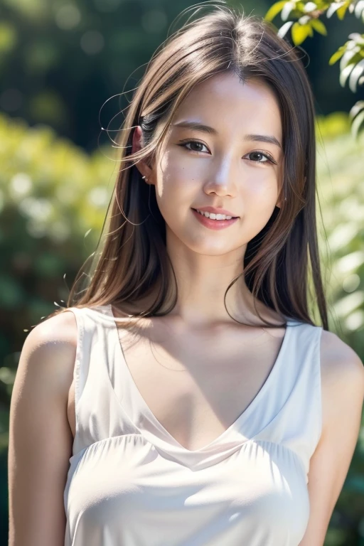 One Girl,(Wear a V-neck sleeveless top),( Sheer blouse),(RAW Photos, Highest quality), (Realistic, photo-Realistic:1.4), masterpiece, Very delicate and beautiful, Very detailed, 2k wallpaper, wonderful, In detail, Very detailed CG unity 8k wallpaper, Very detailed, High resolution, Soft Light, Beautiful detailed girl, Very detailed eyes and face, Beautiful and detailed nose, Beautiful attention to detail,Cinema Lighting,Clear blue sky,coastline,The cape is visible in the distance,Perfect Anatomy,Slender body,smile
