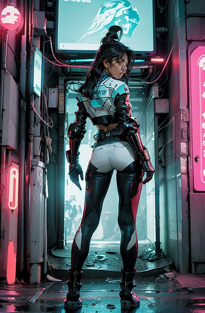 woman holding automatic riffle, glossy armor in cyan color with neon red stripes, she has glass helmet, turn back viewer, standing in between two building during nightime, neons lighting and billboards city.