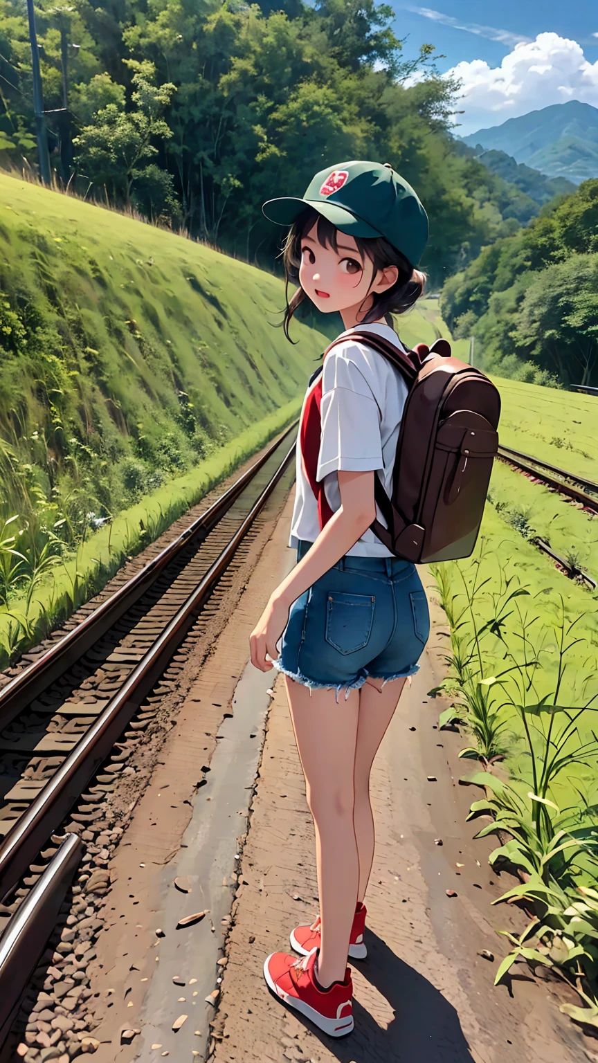 railway、Crossing the tracks、Red sneakers、Denim shorts、cap、 walking on train tracks With a backpack、 and a backpack, Wearing dirty travel clothes, Young Japanese girl,With a backpack, Traveling in the Japanese countryside, Young Japanese Girl、Paddy field、weed、